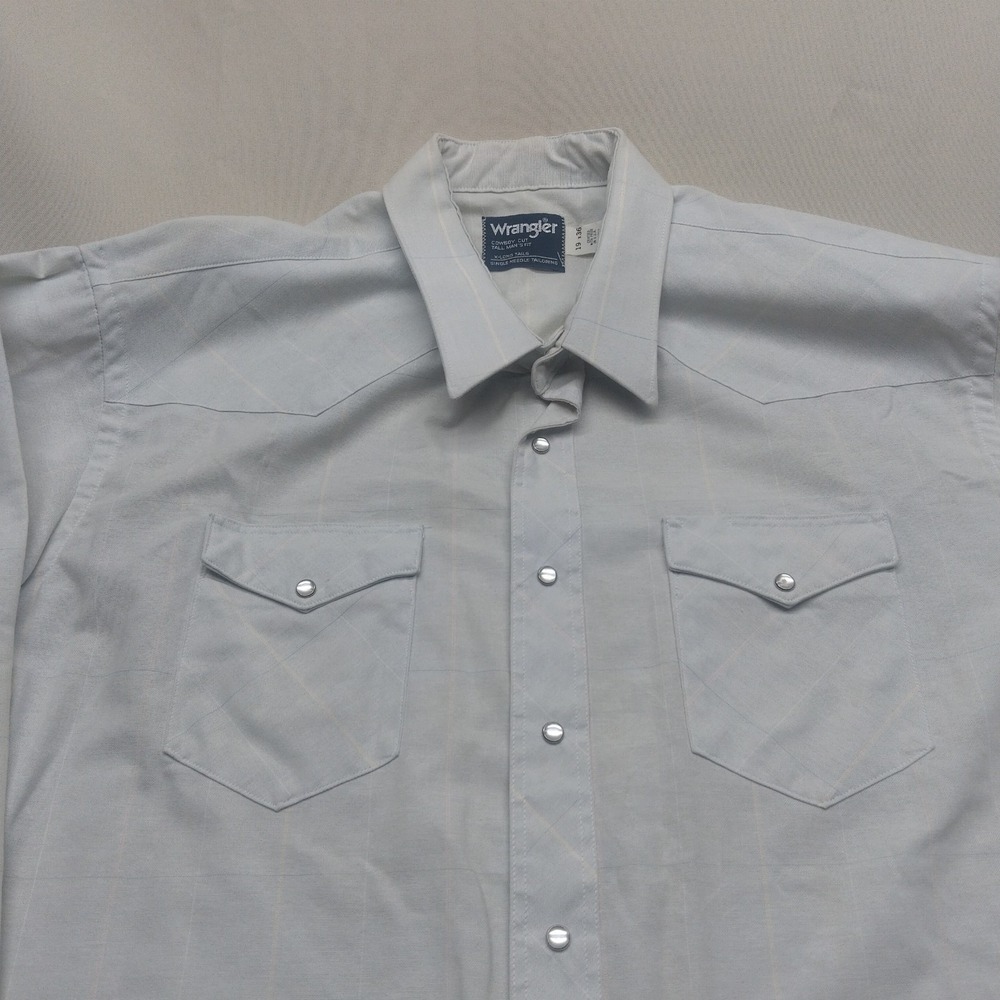 Vintage Wrangler Shirt XLarge 19 x 36 X-Long Tails Made In USA Pearl Snap Blue